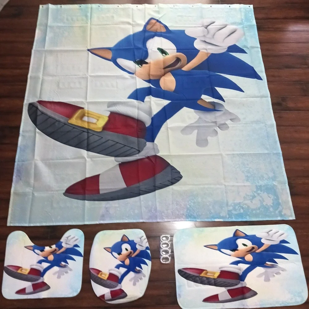 Sonic the Hedgehog Bathroom Set Shower Curtain Rugs Toilet Cover 16pc Blue